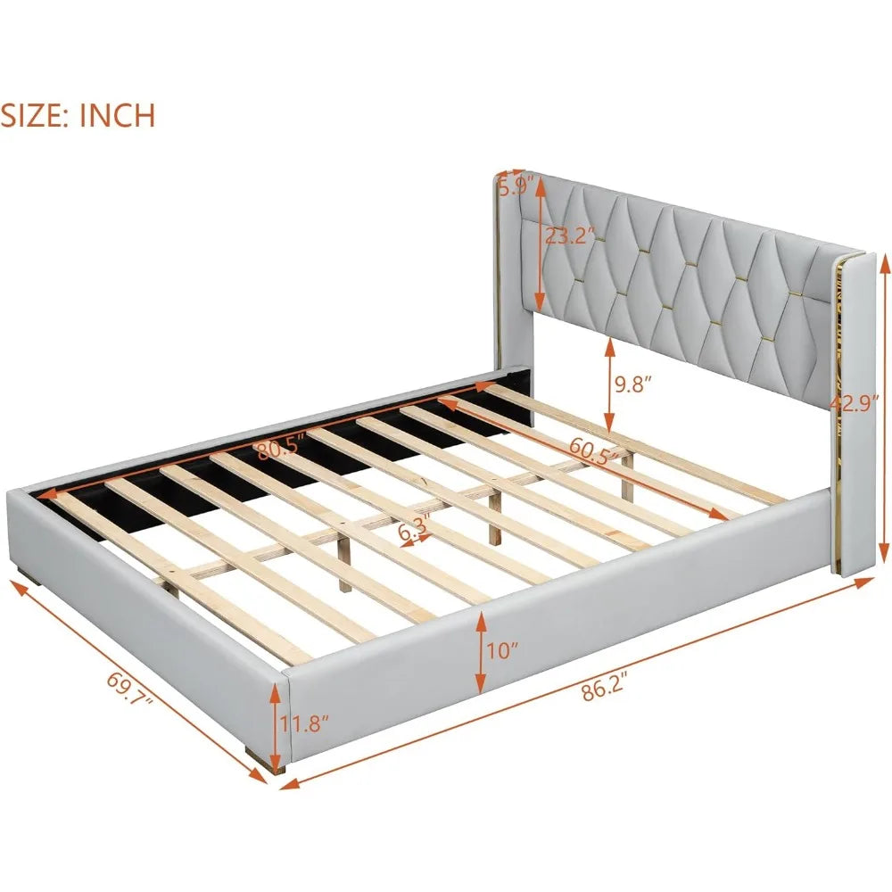 Queen Size Upholstered Soft Bed,Luxurious PU Leather Platform Bed with Wingback and Slat Support,No Box Spring Needed, Off White