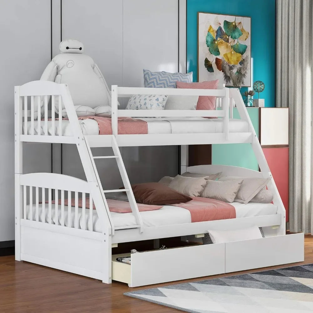 Solid Wood Twin Over Full Bunk Bed with Two Storage Drawer,Convertible to 2 Separated beds (White) bunk beds for kids