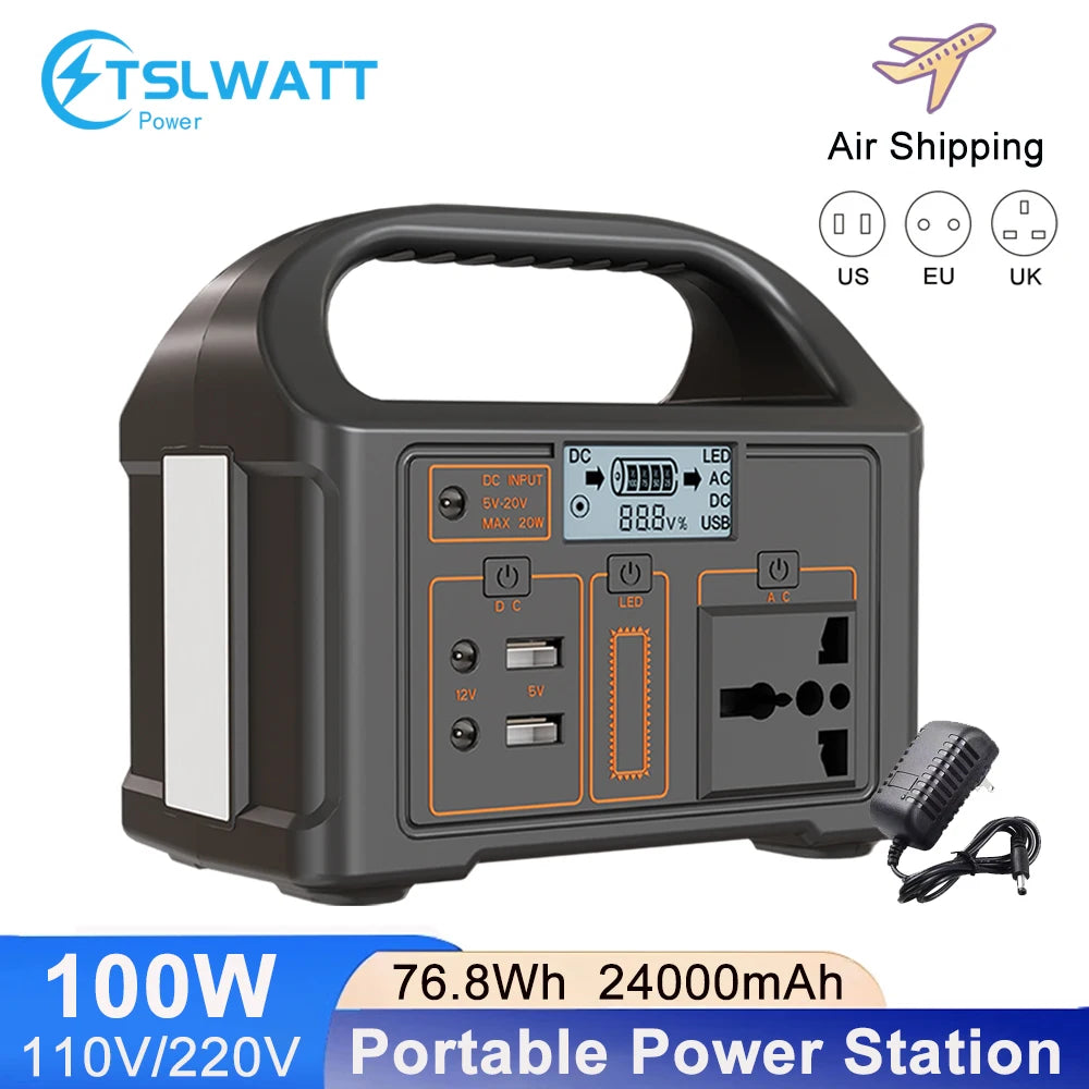 100W 24000mAh Portable Power Station 220V/110V Power Bank 76.8Wh Solar Power Generator LiFePO4 Outdoor Energy For Camping Travel