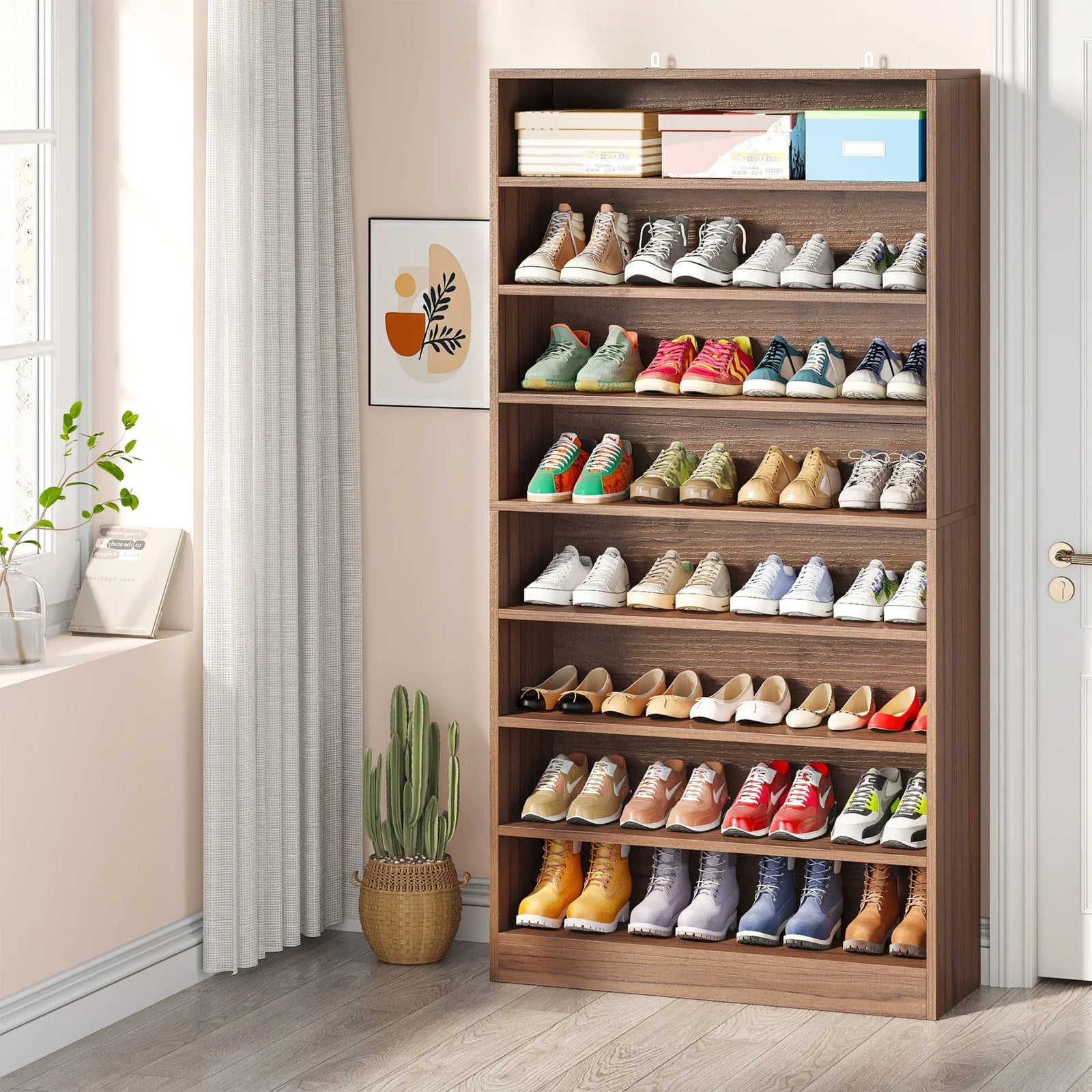 Shoe Cabinet, 9 Tiers 40-45 Pairs Heavy Duty Wood Freestanding Shoe Storage Cabinet, 70.8'' Tall Shoe Cabinet w/Open Storage