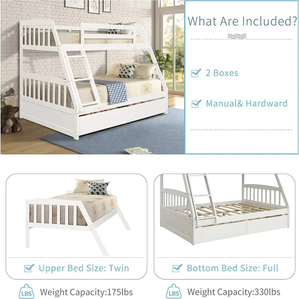 Solid Wood Twin Over Full Bunk Bed with Two Storage Drawer,Convertible to 2 Separated beds (White) bunk beds for kids