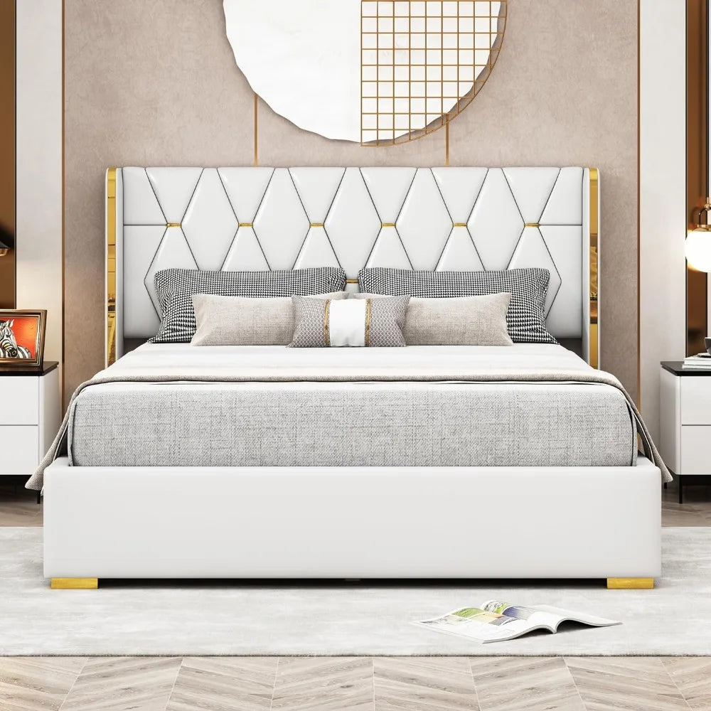 Queen Size Upholstered Soft Bed,Luxurious PU Leather Platform Bed with Wingback and Slat Support,No Box Spring Needed, Off White