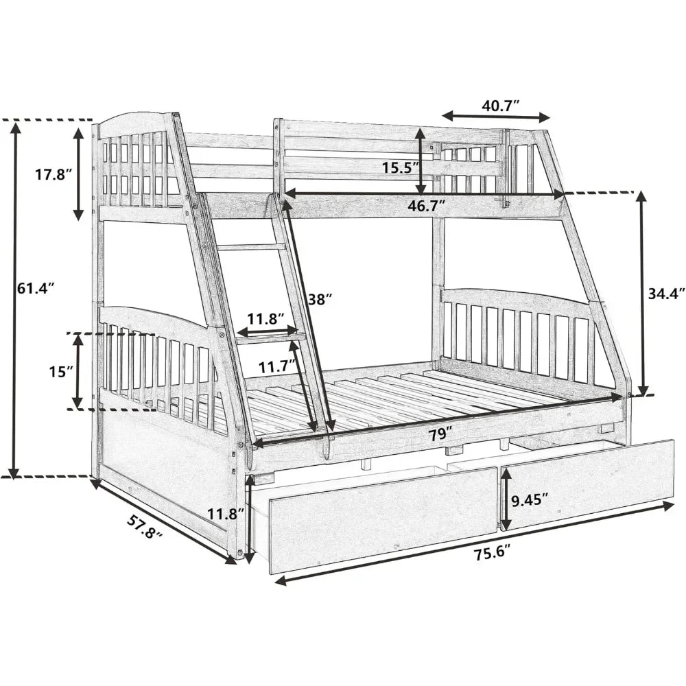 Solid Wood Twin Over Full Bunk Bed with Two Storage Drawer,Convertible to 2 Separated beds (White) bunk beds for kids