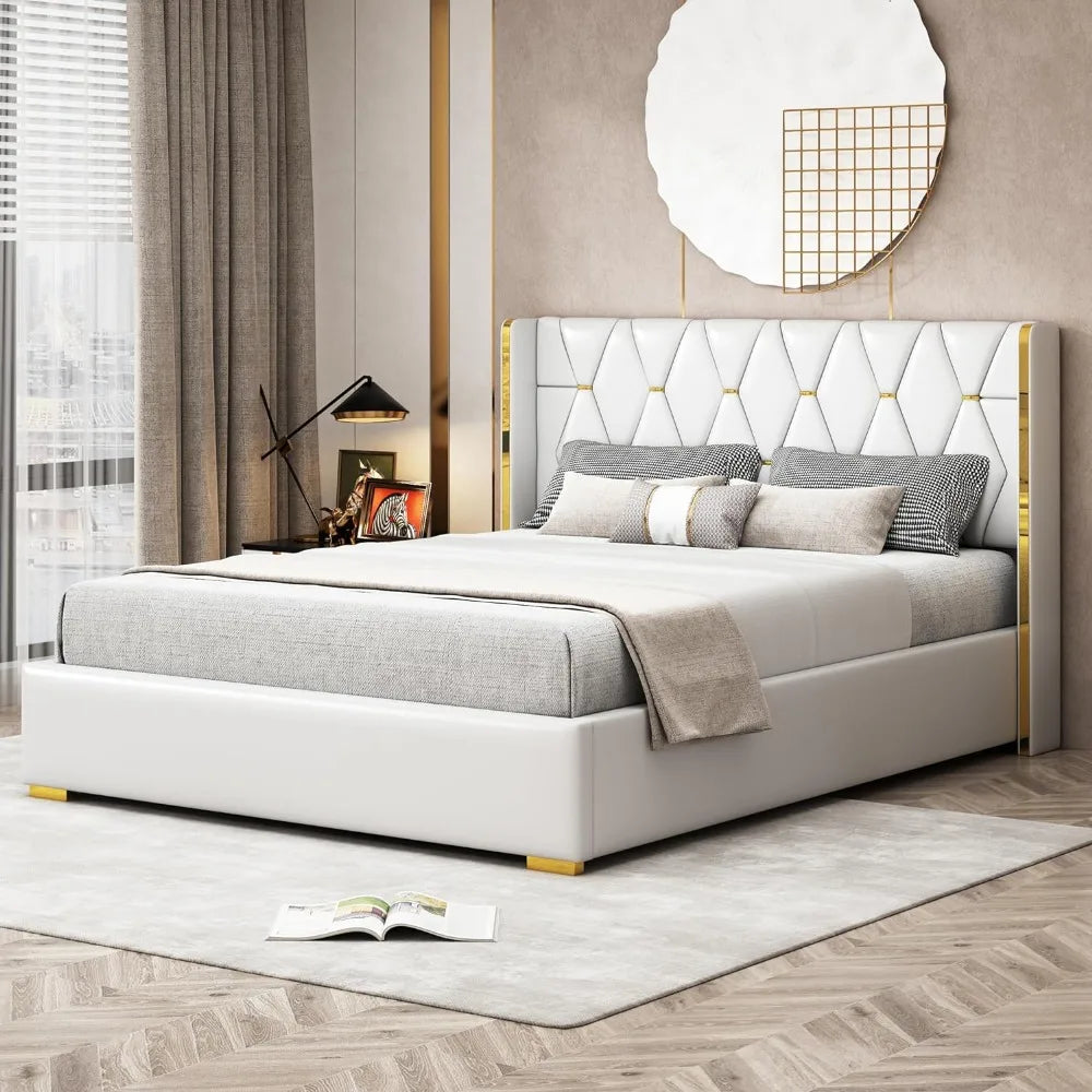 Queen Size Upholstered Soft Bed,Luxurious PU Leather Platform Bed with Wingback and Slat Support,No Box Spring Needed, Off White