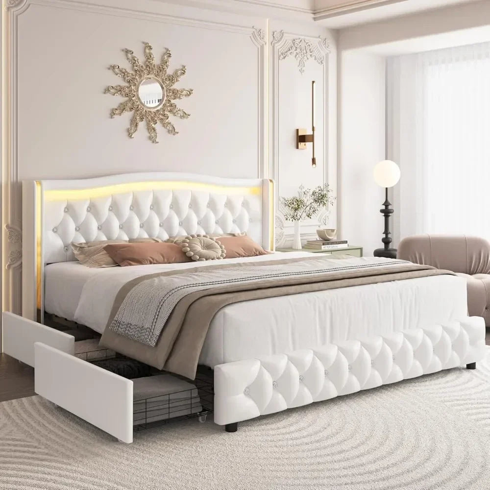 Bed Frame with 4 Storage Drawers, Crystal Button-Tufted & Stainless Gold Trim Wingback Headboard, Bed Frame