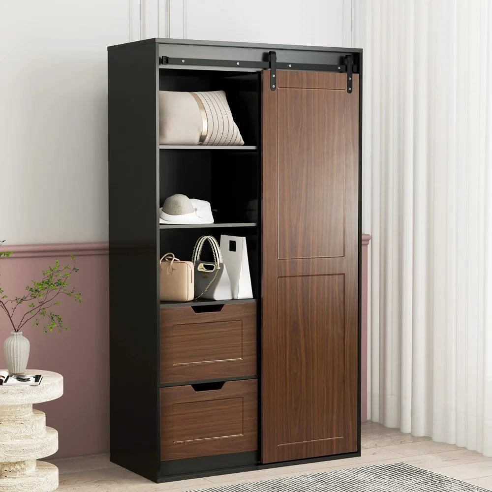 2024 New 71-Inch High Wardrobe and Cabinet with Classic Sliding Barn Door-Clothes Locker for Bedrooms