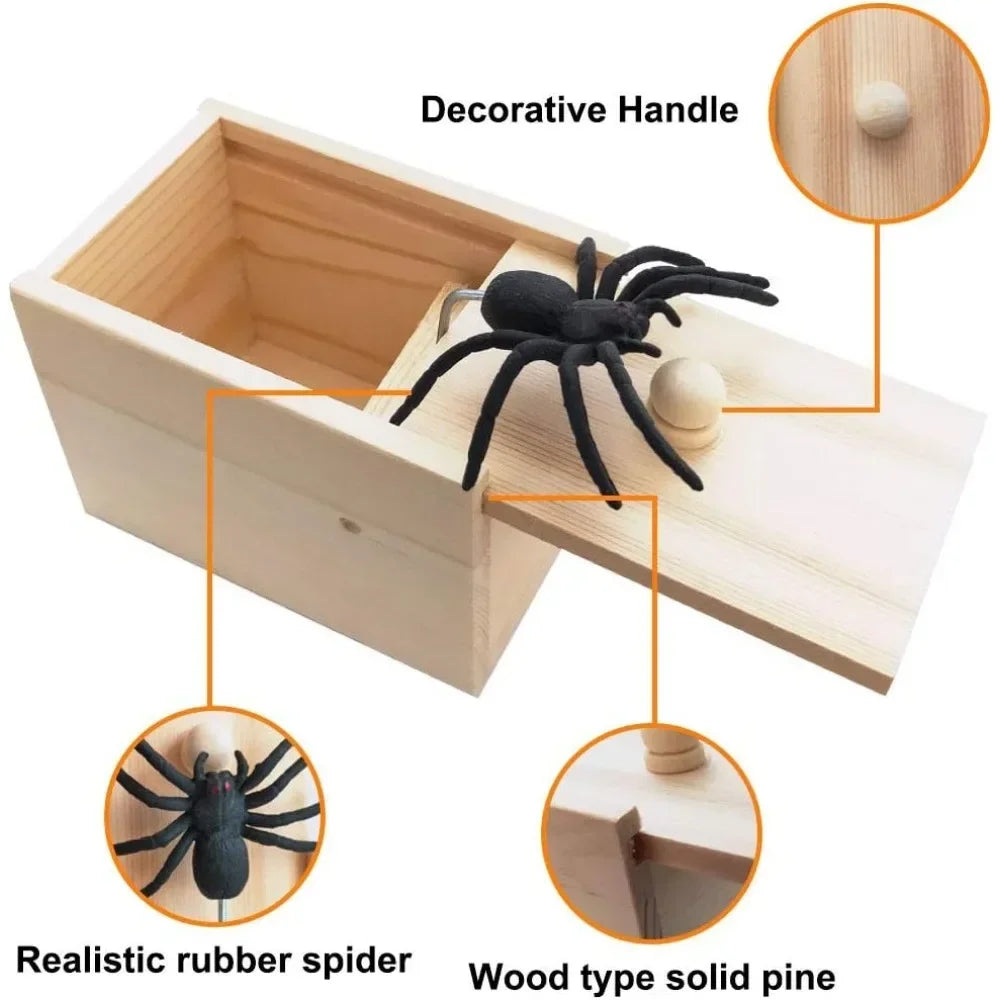 Wooden Prank Trick Practical Joke Home Office Spider Scare Prank Box Toy Kids Parents Friend Funny Play Game Gift Surprise Box