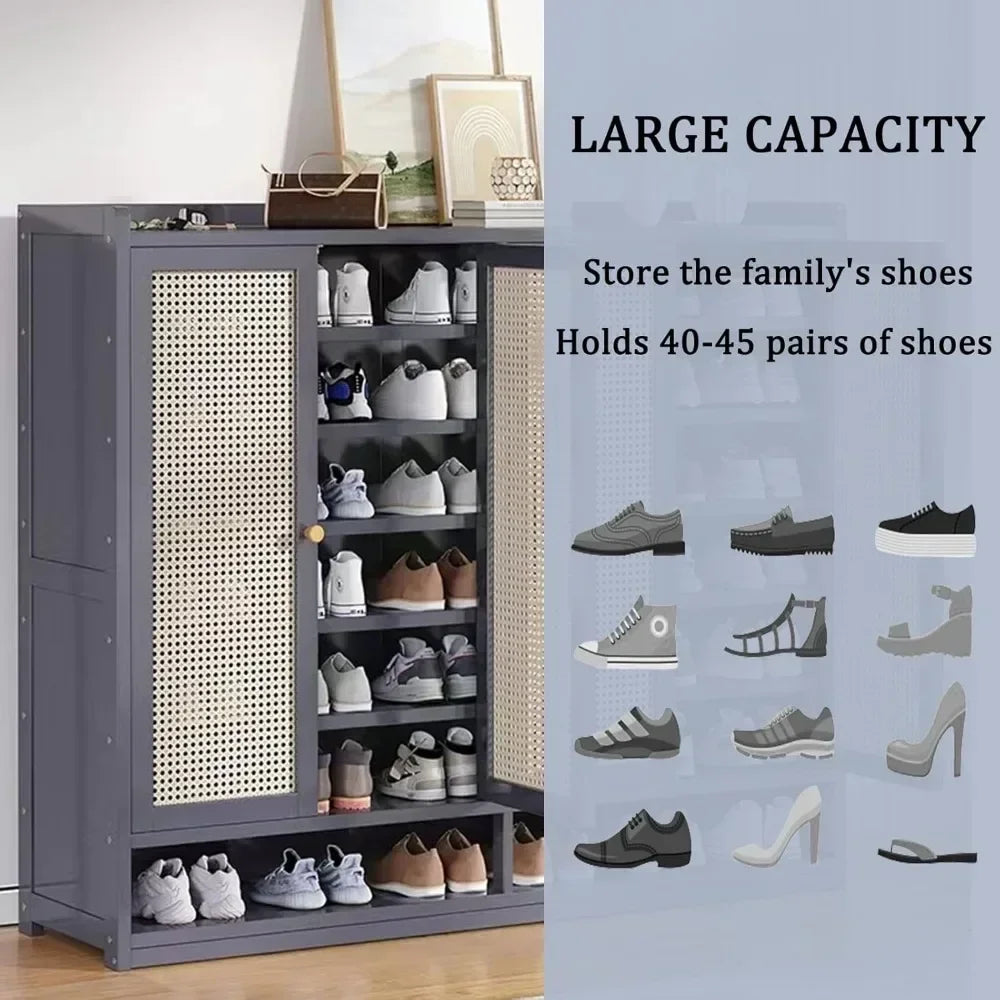 8 Tier Bamboo Shoe Cabinet Storage for Entryway, 40 Pairs Shoe Rack for Closet, Rattan Storage Cabinet with Doors , Shoe Cabinet